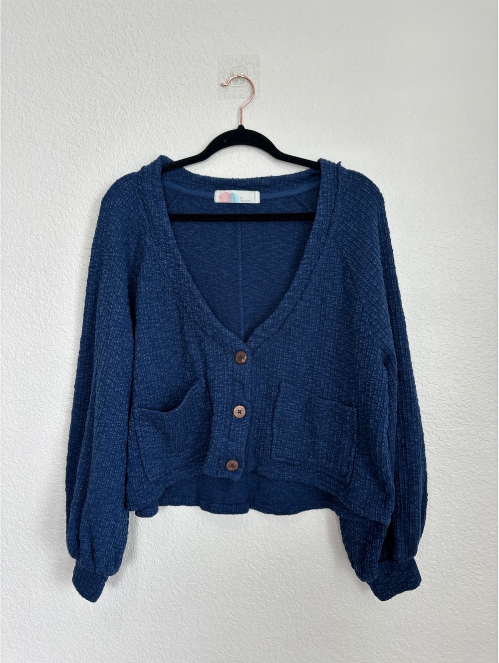 Free People FP Beach Oasis Cropped Cardigan S Midnight Hour Blue Boxy Button